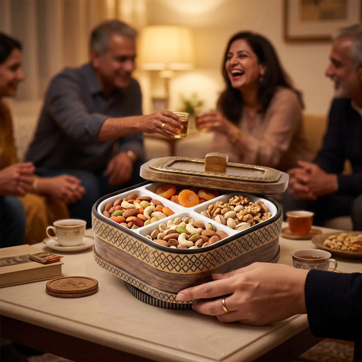 Brown and gold masala box presented on a table during a family gathering