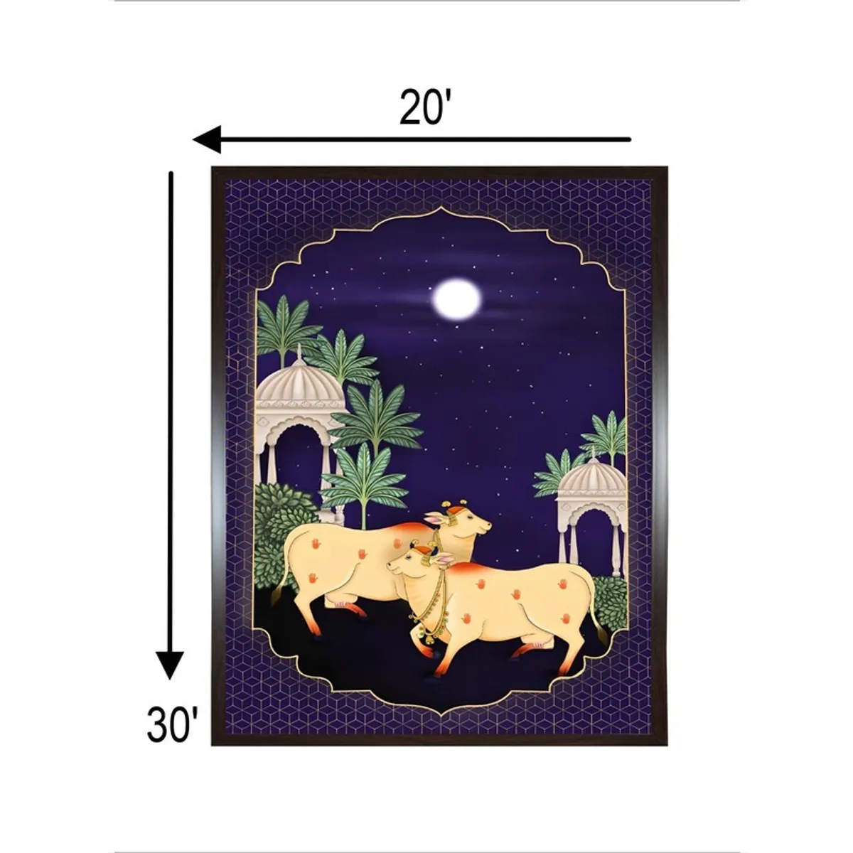 Framed moonlit cow courtyard painting shown with size arrows