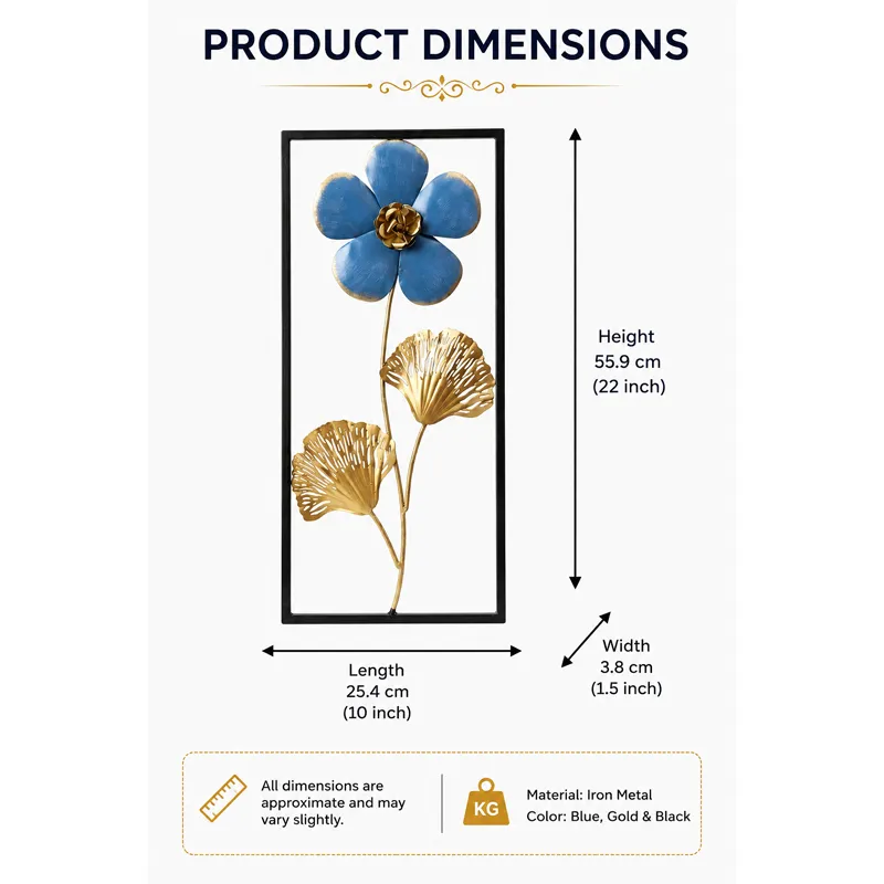 Metal wall accent shown with printed product dimensions graphic