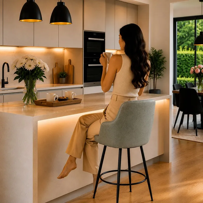 Grey bar chair with black metal legs placed at a kitchen island