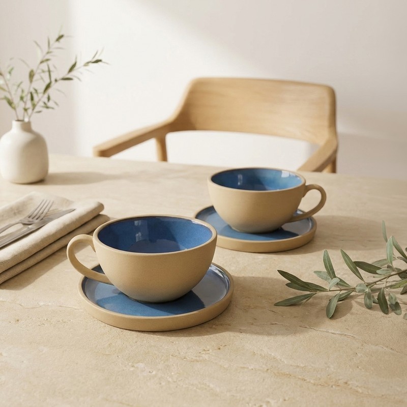 Cozy Sips Ceramic Cup & Saucer Set (Beige & Blue/340 mL Each) - Set of Two - 340 ML