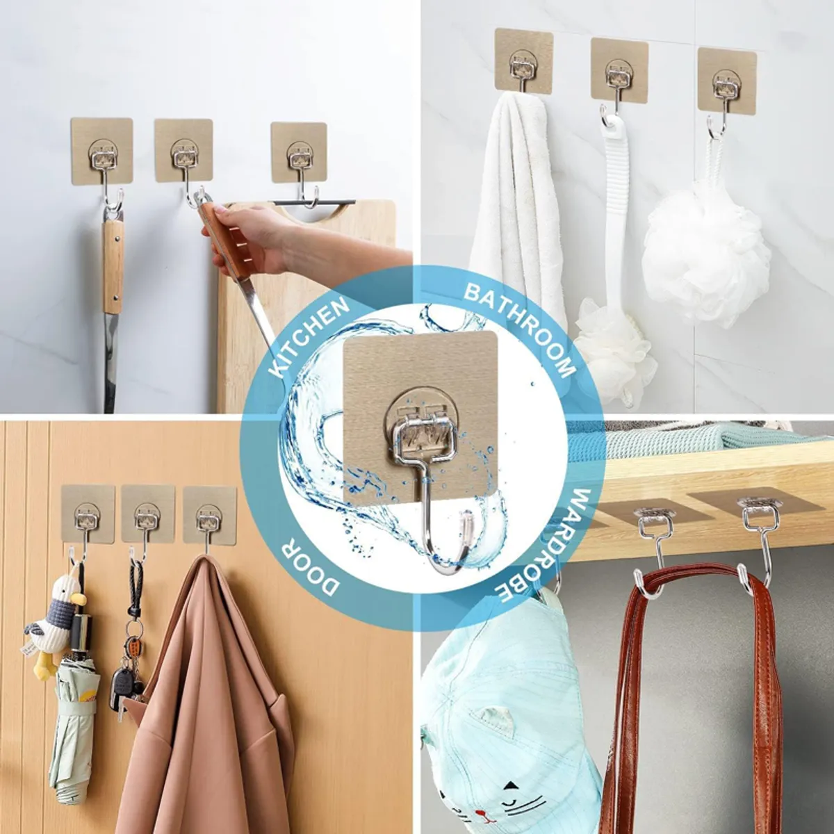 Beige adhesive wall hooks shown holding kitchen, bathroom, door and wardrobe items.