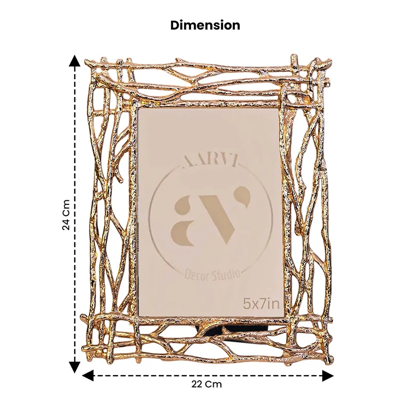 Gold rectangular photo frame with branch-like border shown with dimension arrows