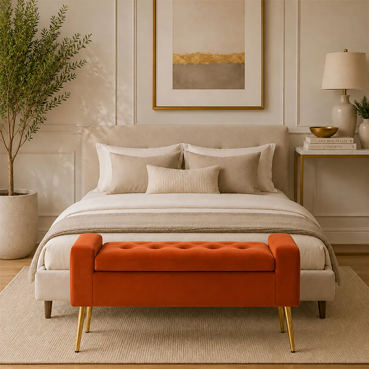 Orange velvet bench placed at the foot of a neutral bed
