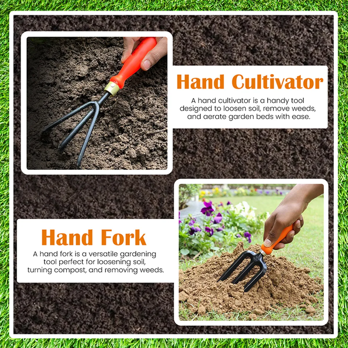 Garden tool usage collage showing hand cultivator and hand fork