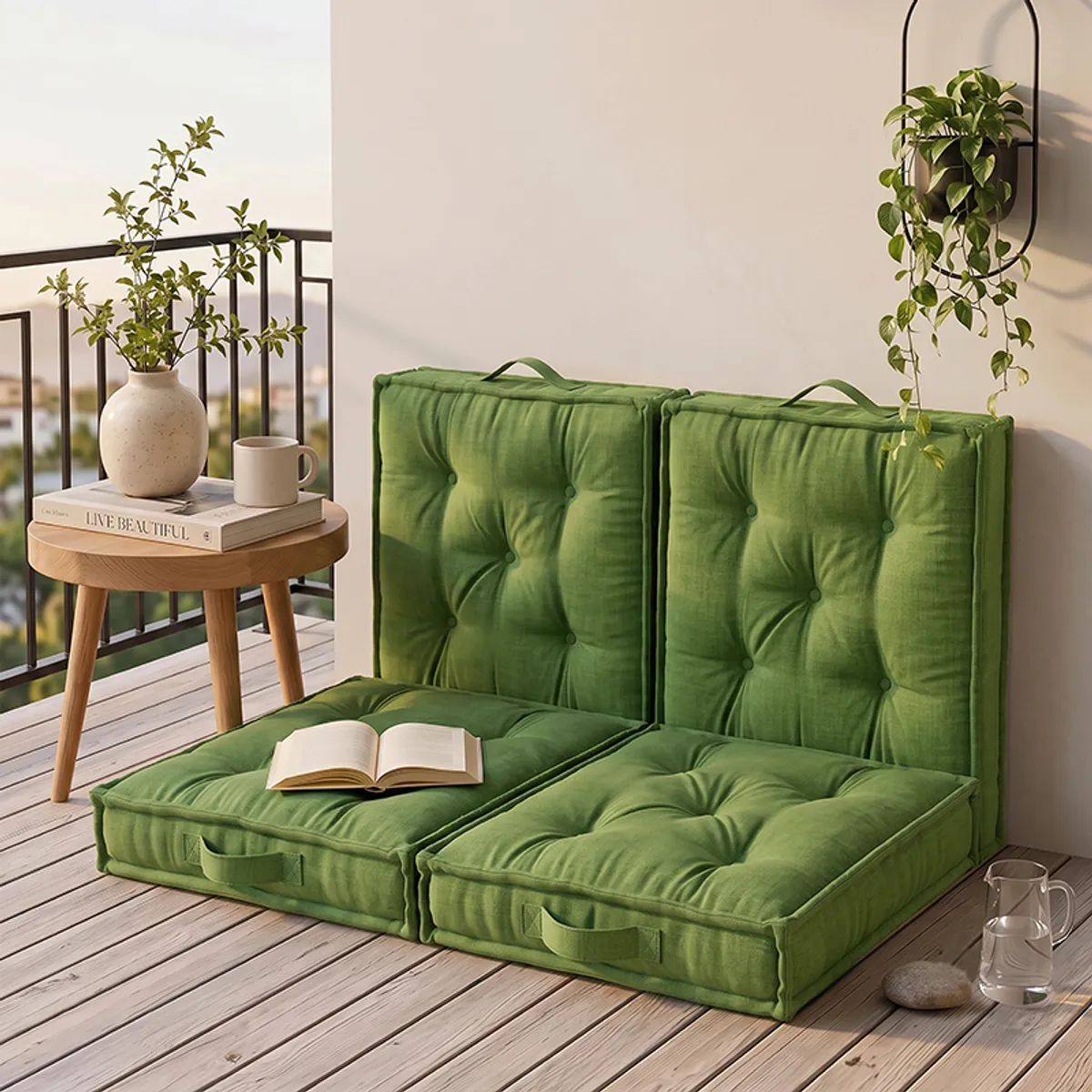 Two green floor cushions arranged as low seats on a balcony