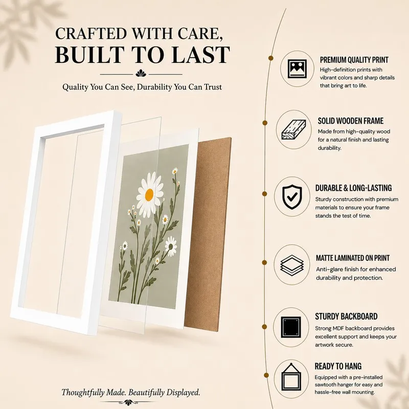 Illustration showing framed wall art construction and ready-to-hang design