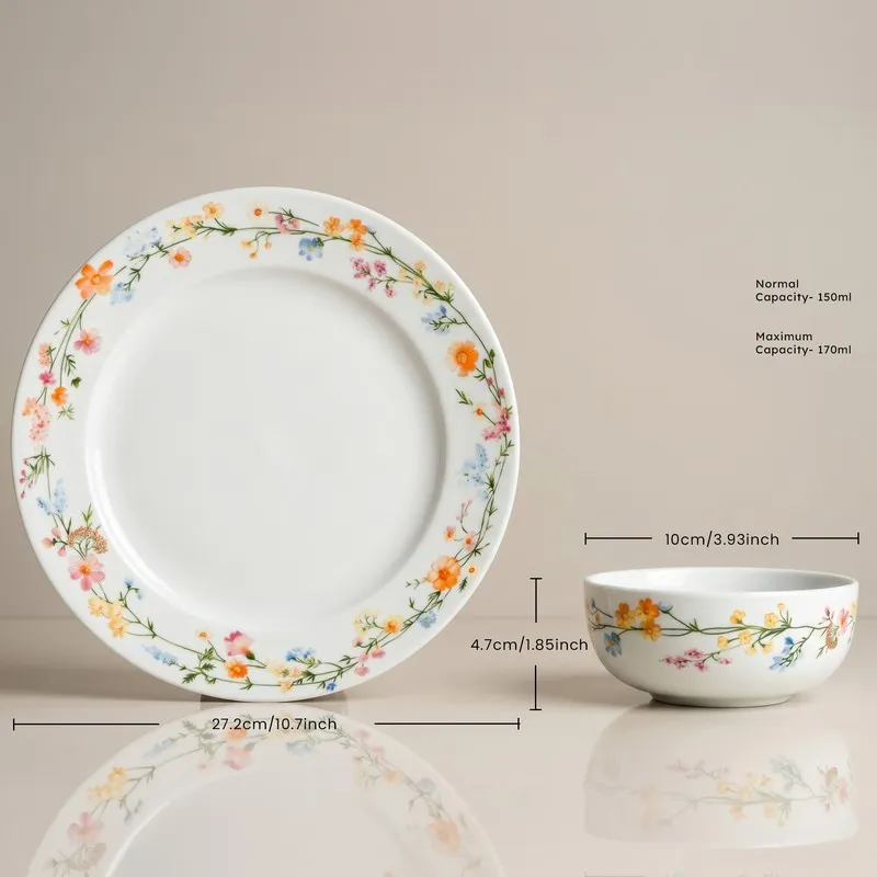 Close view of floral dinner plate and matching bowl with multicolour botanical rim
