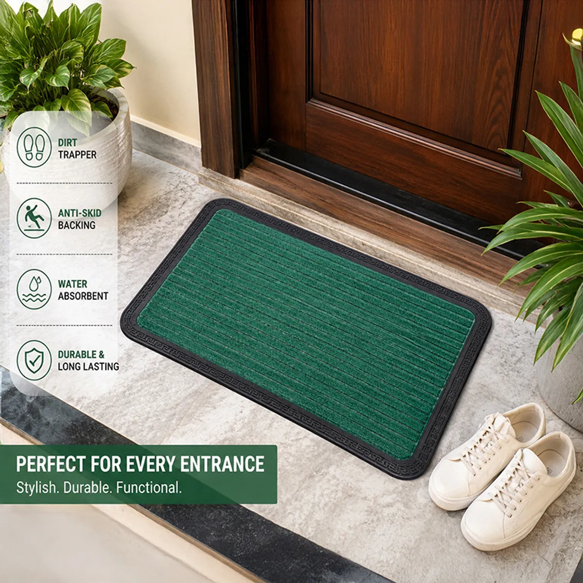 Green rectangular entrance mat with black border placed at a doorway