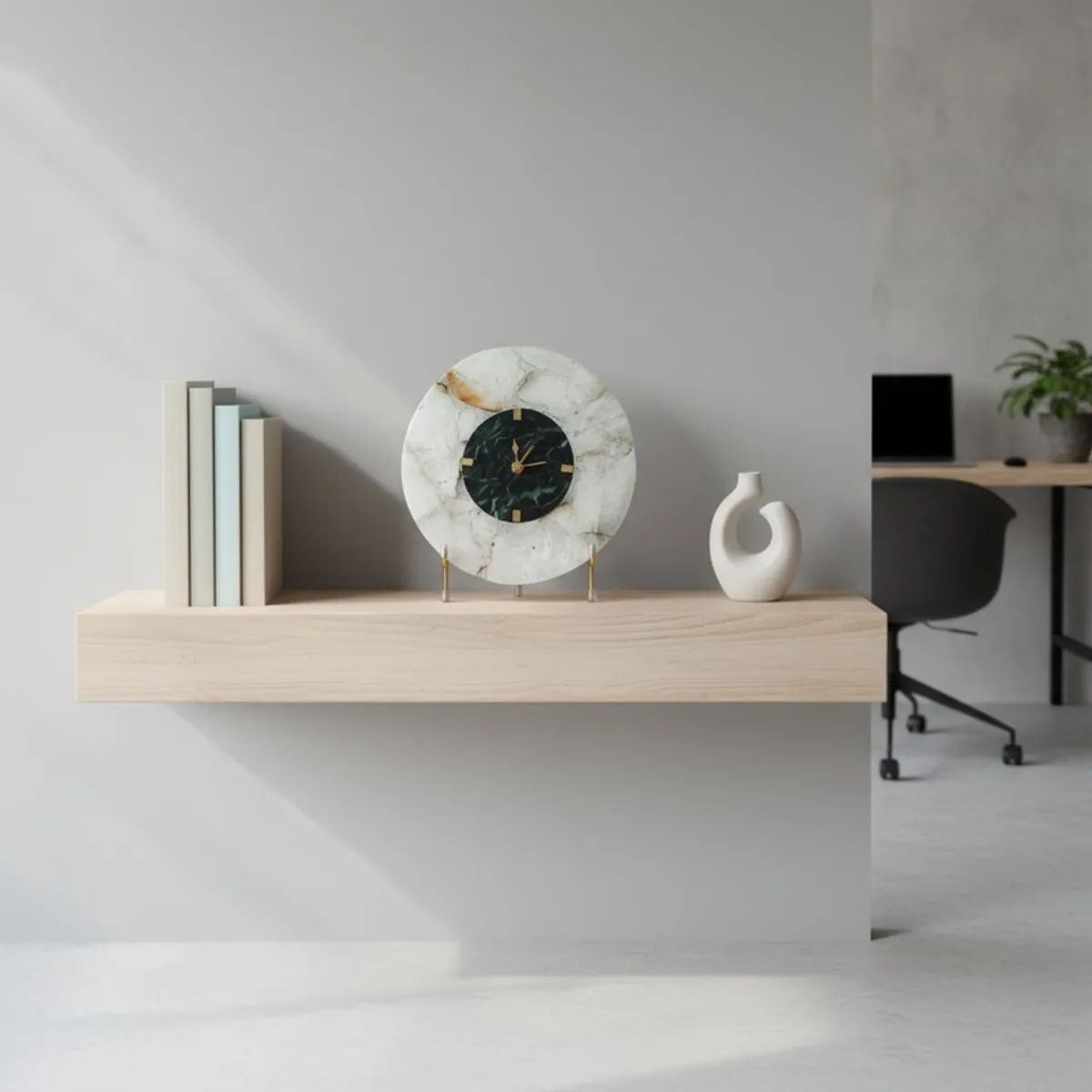 Round agate table clock styled on a floating shelf