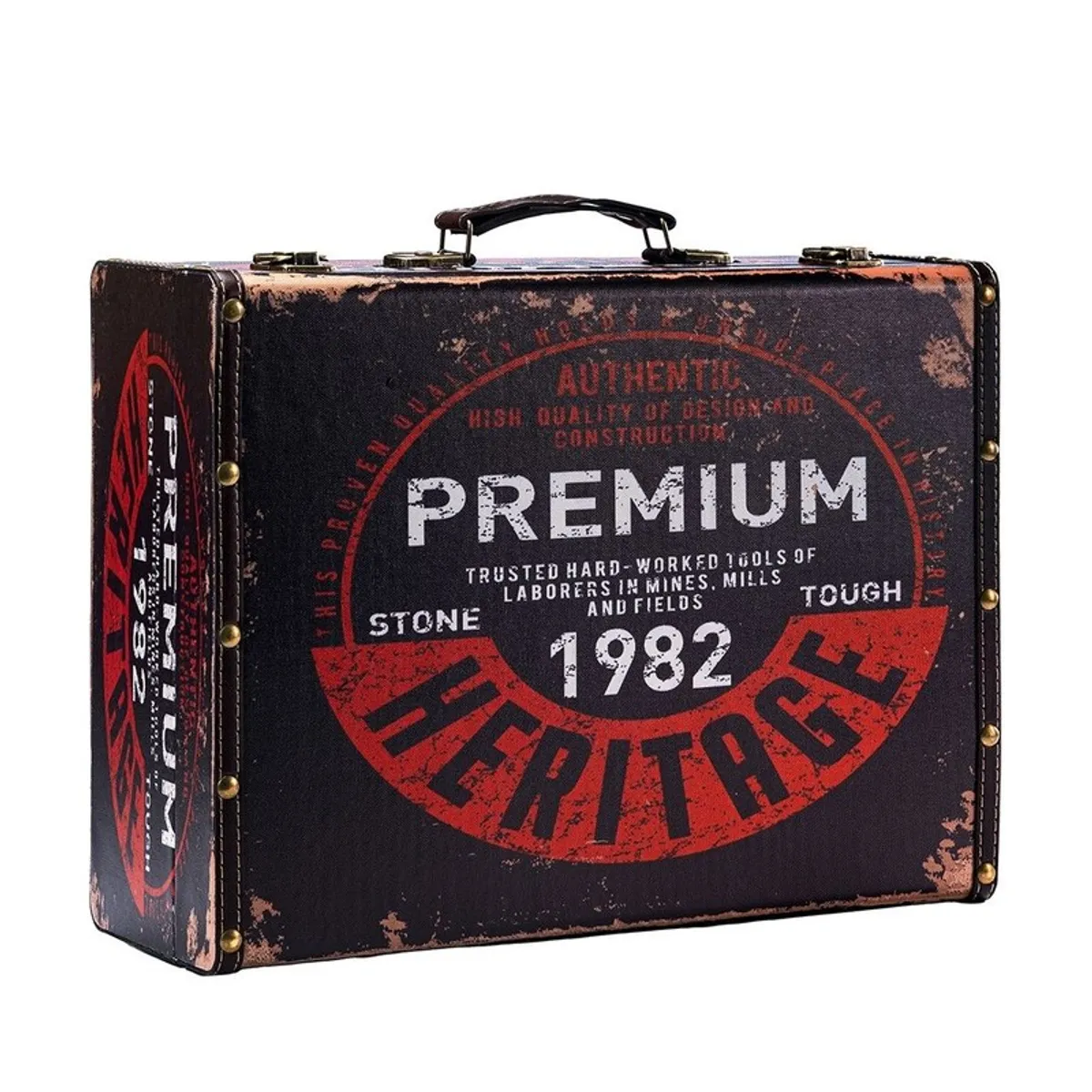 Front view of a rectangular vintage storage box with handle and distressed graphic print