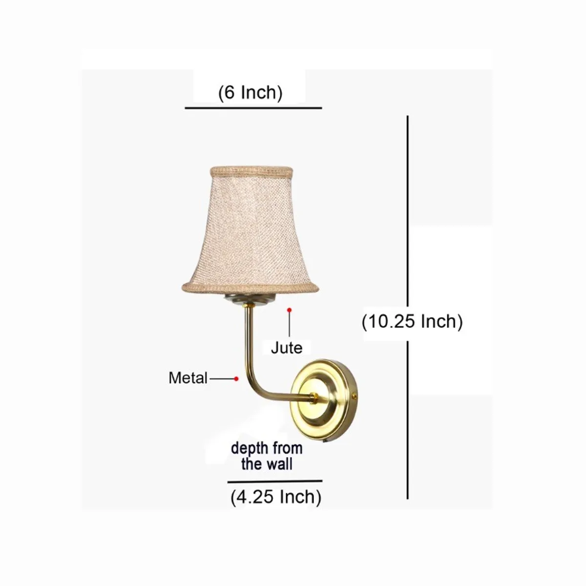 Product view of beige jute wall lamp with visible width, height and depth markings