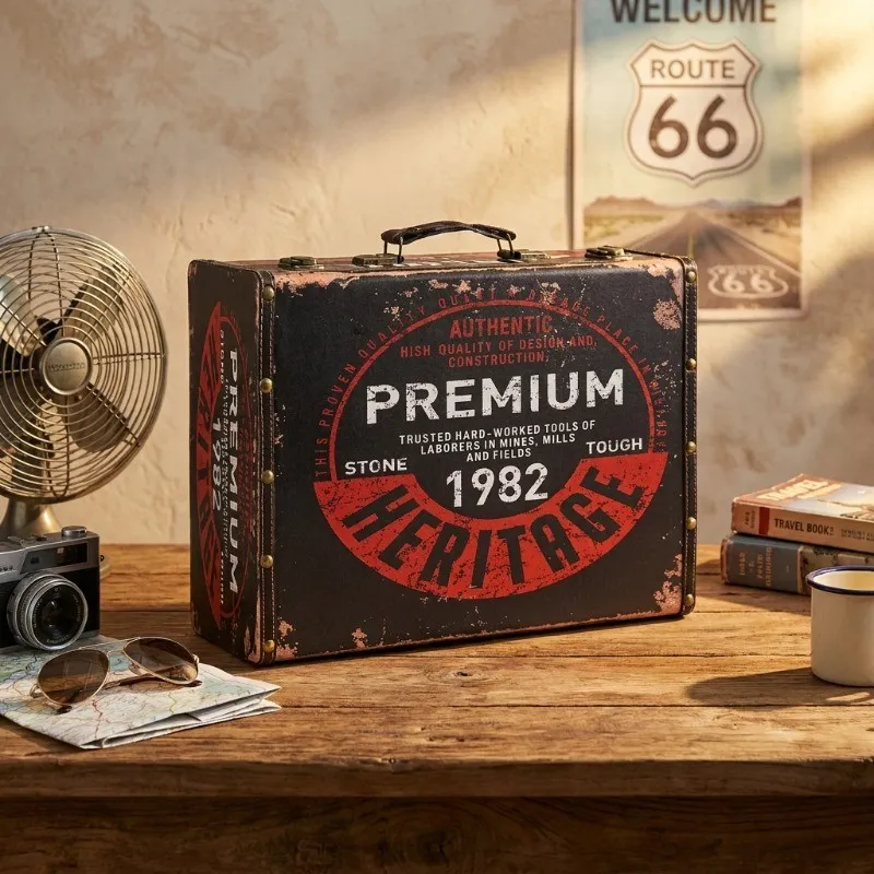 Vintage suitcase-style storage box with distressed heritage print on a wooden table