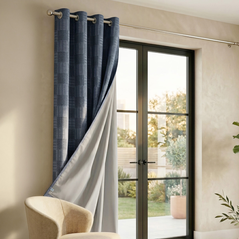 Meya Self Design Cotton Curtains With Lining - Navy - Window - 5 Feet