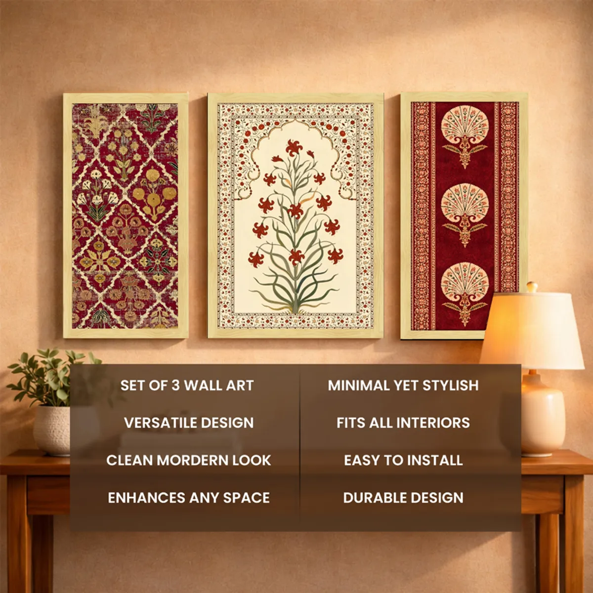 Framed set of three heritage-style wall art pieces styled above a table with lamp and plant