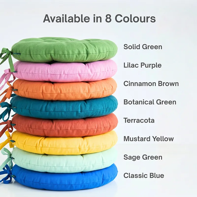 Stack of round chair pads in multiple colours with side ties