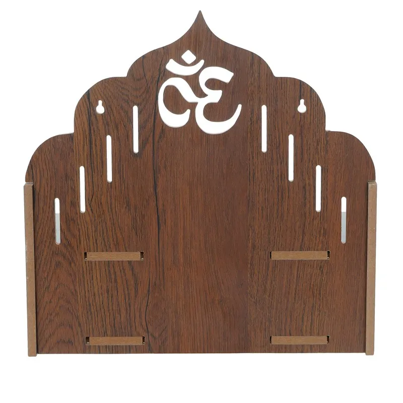 Back view of brown wooden mandir showing panel shape and cutout detailing