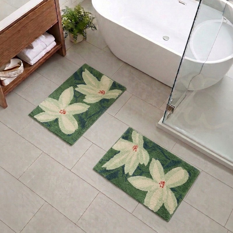 Floral Cloud Anti Skid Bath Mat (Green) - Set of Two - 38 x 60 cm