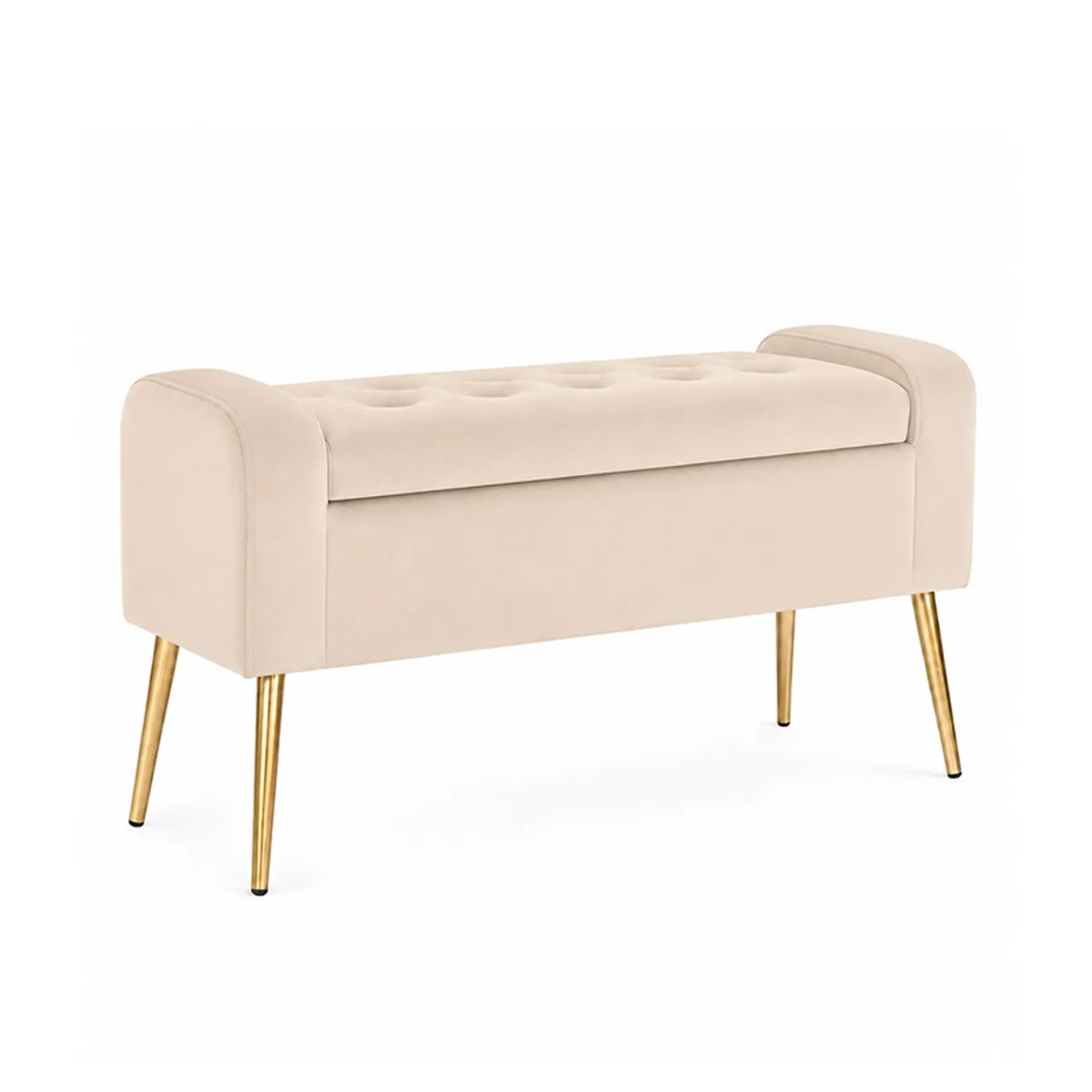 Three-quarter view of a beige tufted bench with sleek gold legs