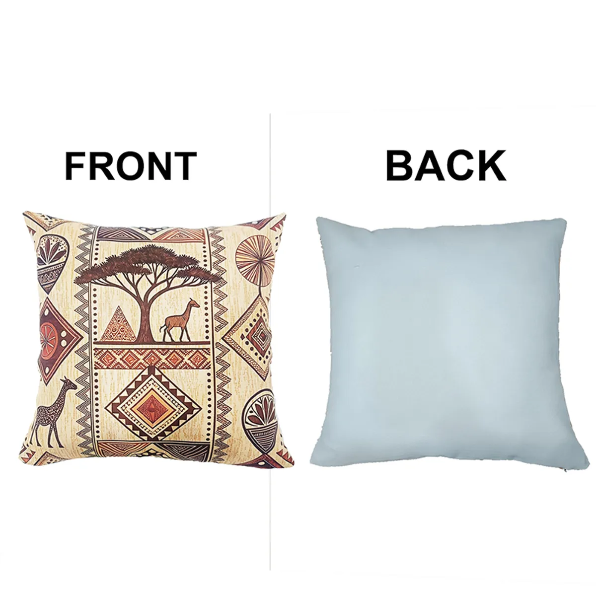 Front and back view of a square cushion cover with an animal motif