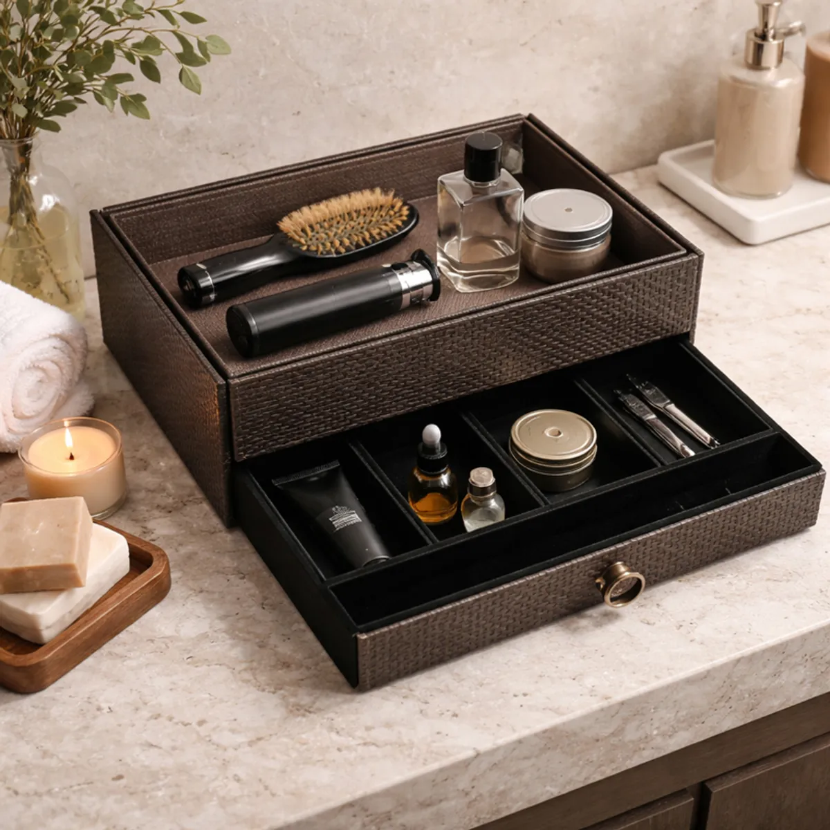 Brown-black organiser holding grooming items on a bathroom counter