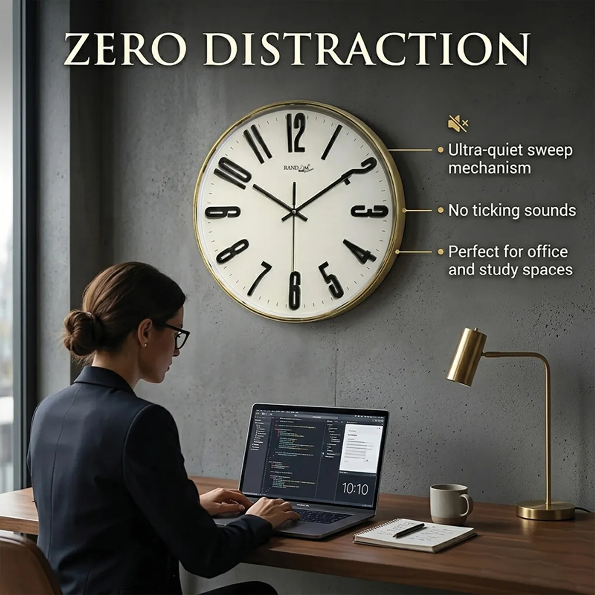 Round wall clock displayed above a desk in a modern workspace