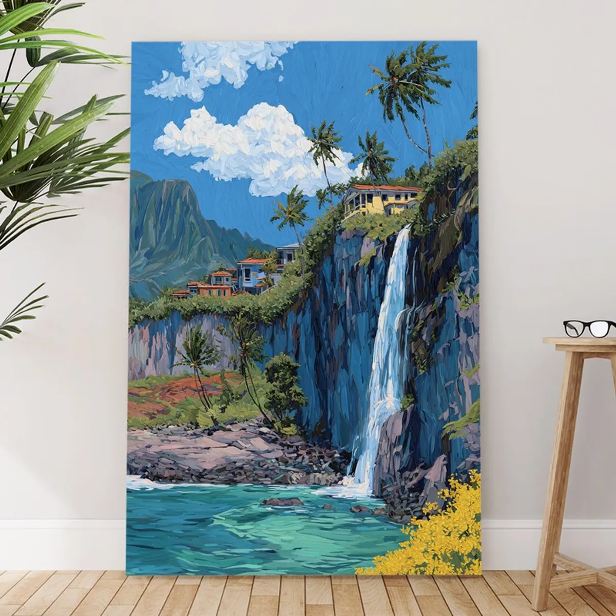 Large tropical cove canvas wall painting leaning against a wall near a stool