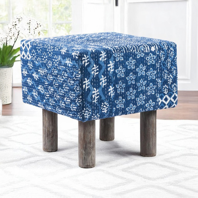 Urixon Acacia Wooden Ottomans - Blue