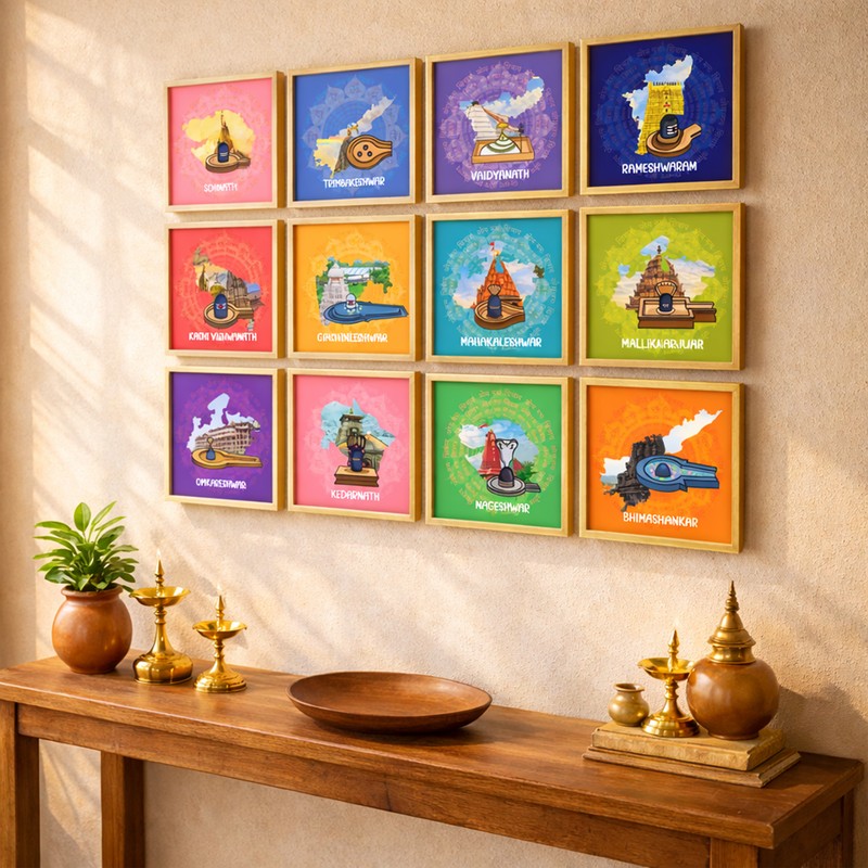 Lord Shiva Jyotirlinga Wall Painting With Frame - Set of Twelve