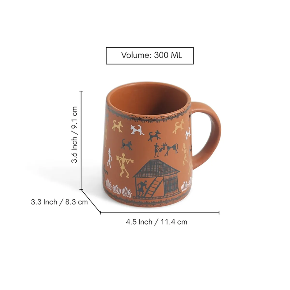 Brown ceramic mug shown with its 300 mL capacity and dimensions.