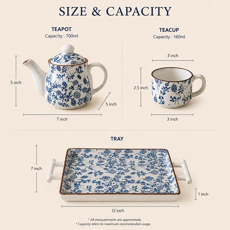Tea set size and capacity guide showing teapot, teacup and tray