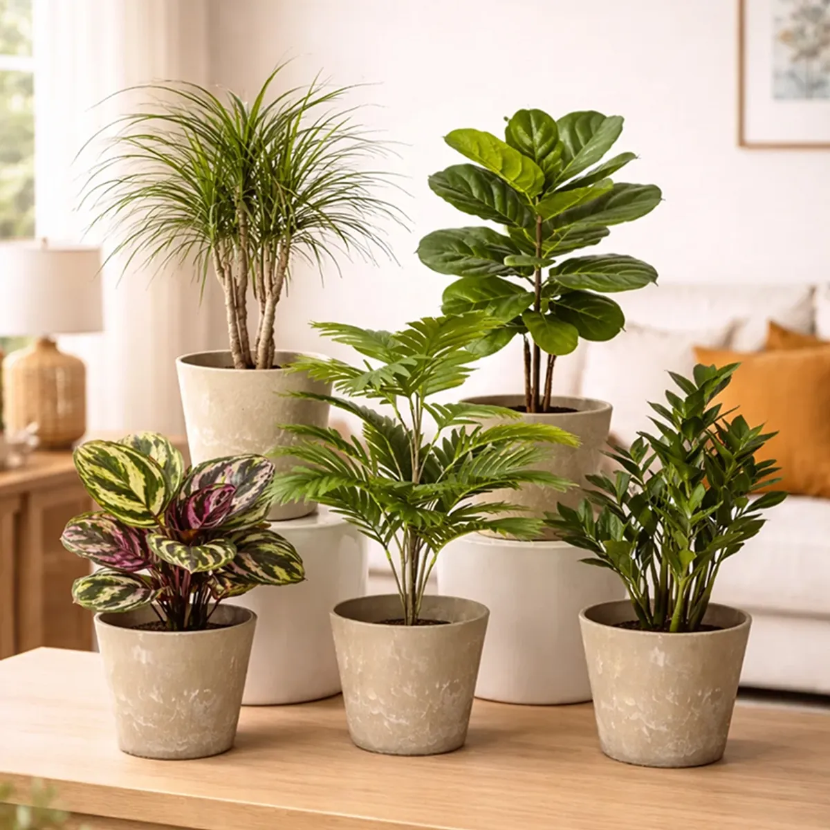 Grey set of five planters displayed on a wooden table in a living room setting