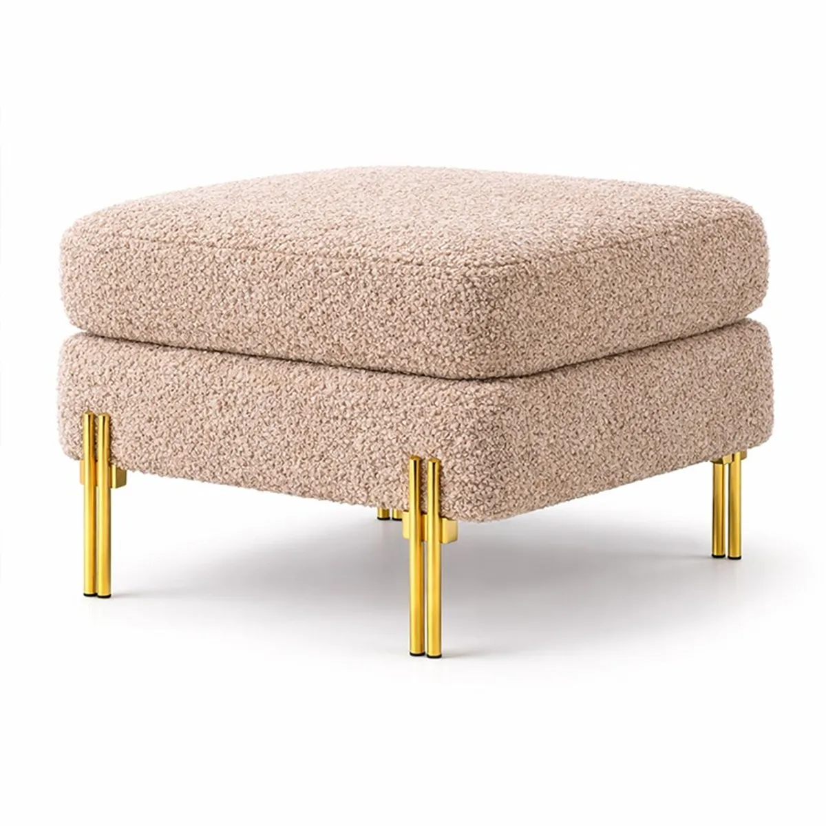 Square boucle ottoman with rounded edges and gold metal legs