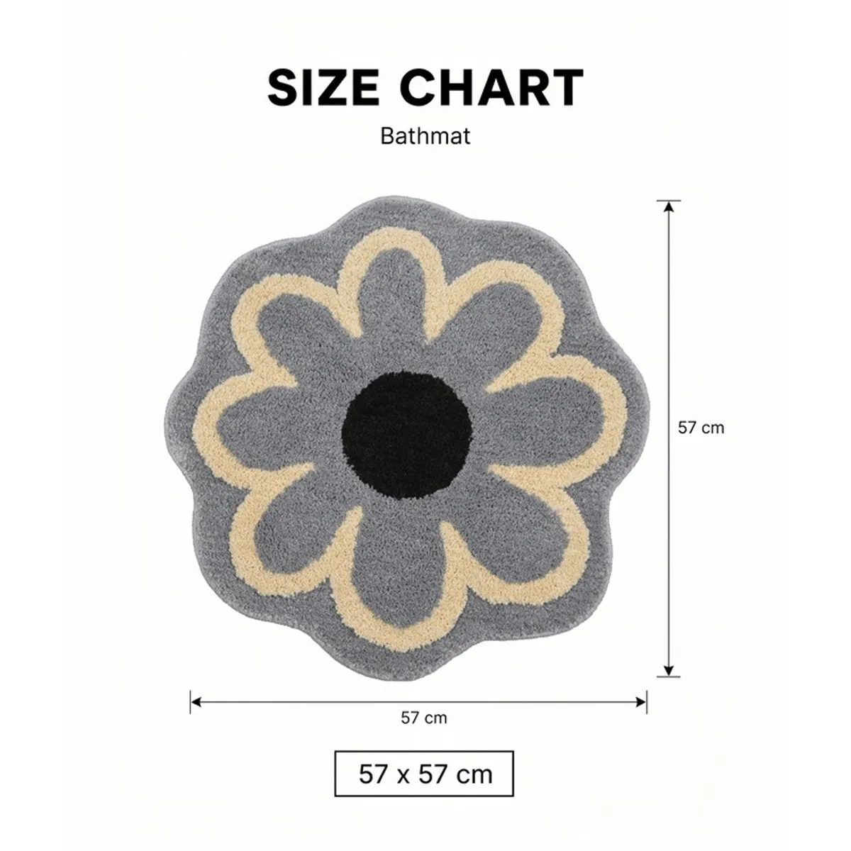 Grey flower-shaped bath mat shown with a 57 cm by 57 cm size guide.