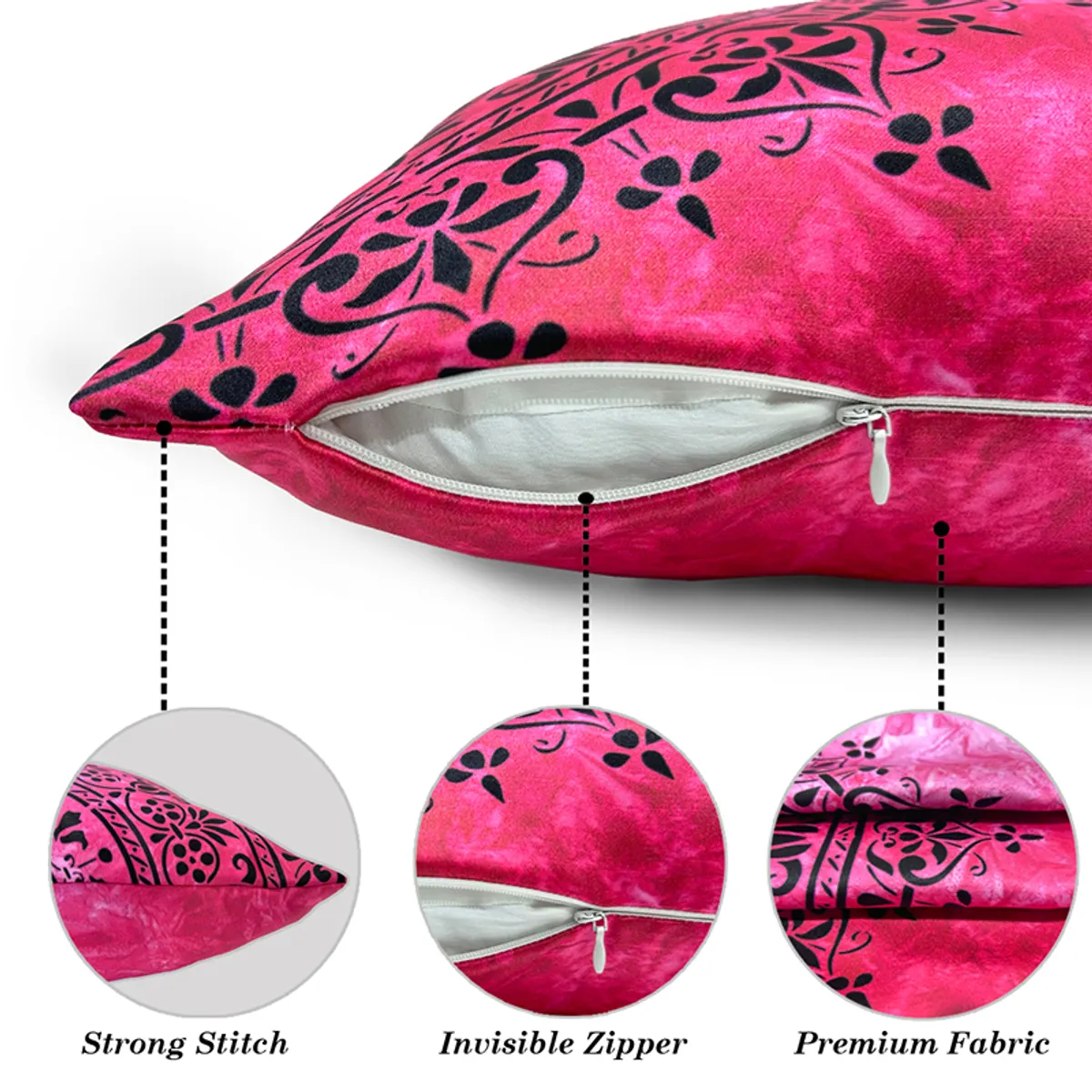 Close-up of a cushion cover showing its zip closure and printed pink fabric