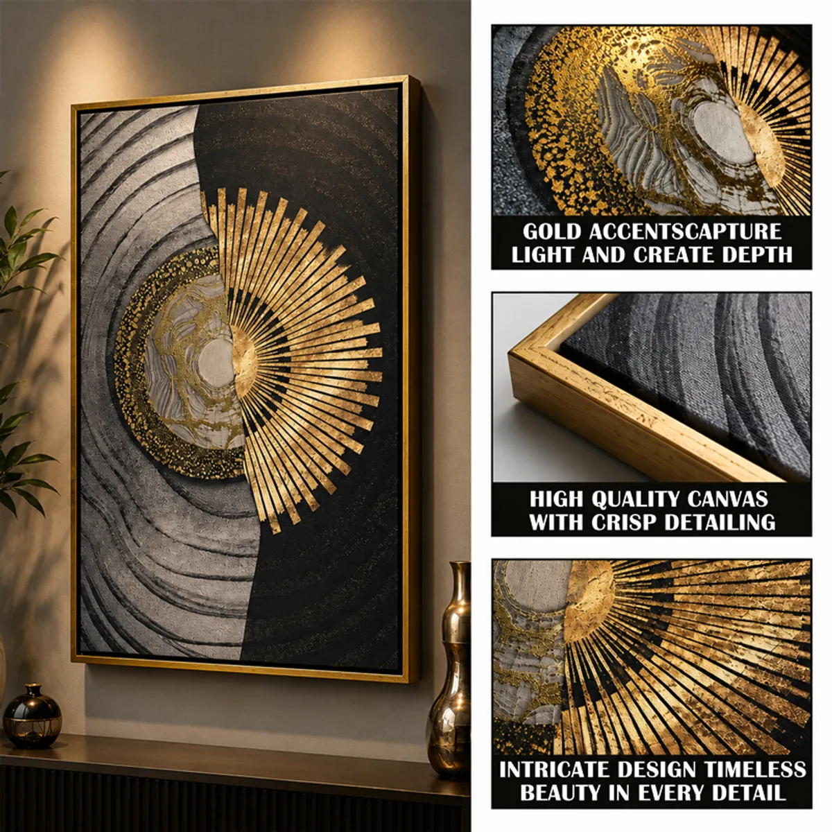 Abstract gold accent wall art with close-up detail panels and gold frame