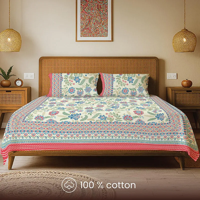 Front view of multicolour floral cotton bedsheet with two matching pillow covers