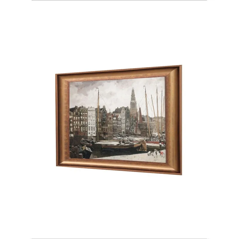 Angled view of a framed vintage harbour scene painting