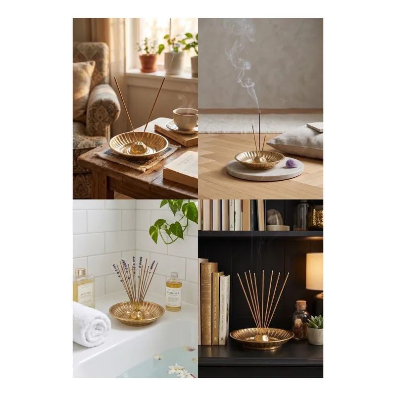 Collage showing the brass incense holder styled in different home spaces