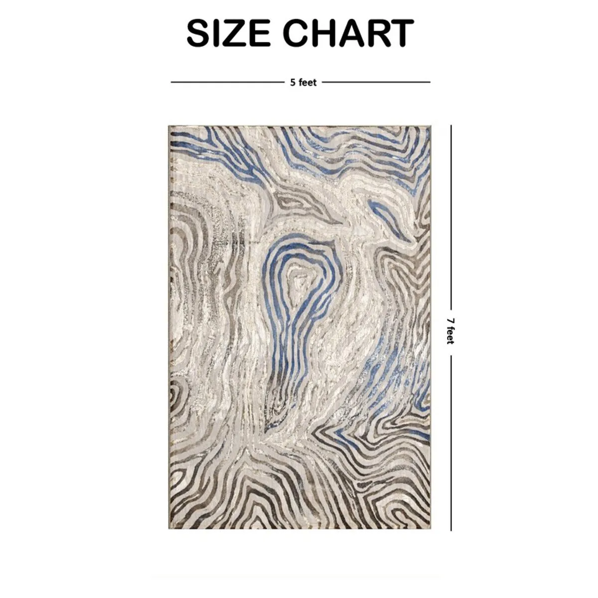 Rectangular abstract carpet shown with 5 by 7 feet size layout