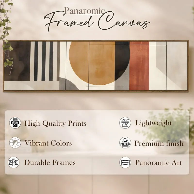 Wide abstract framed canvas art in earthy tones on a light wall