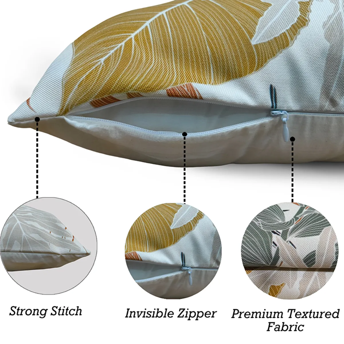 Close-up of a printed cushion cover showing its zip closure and seam.