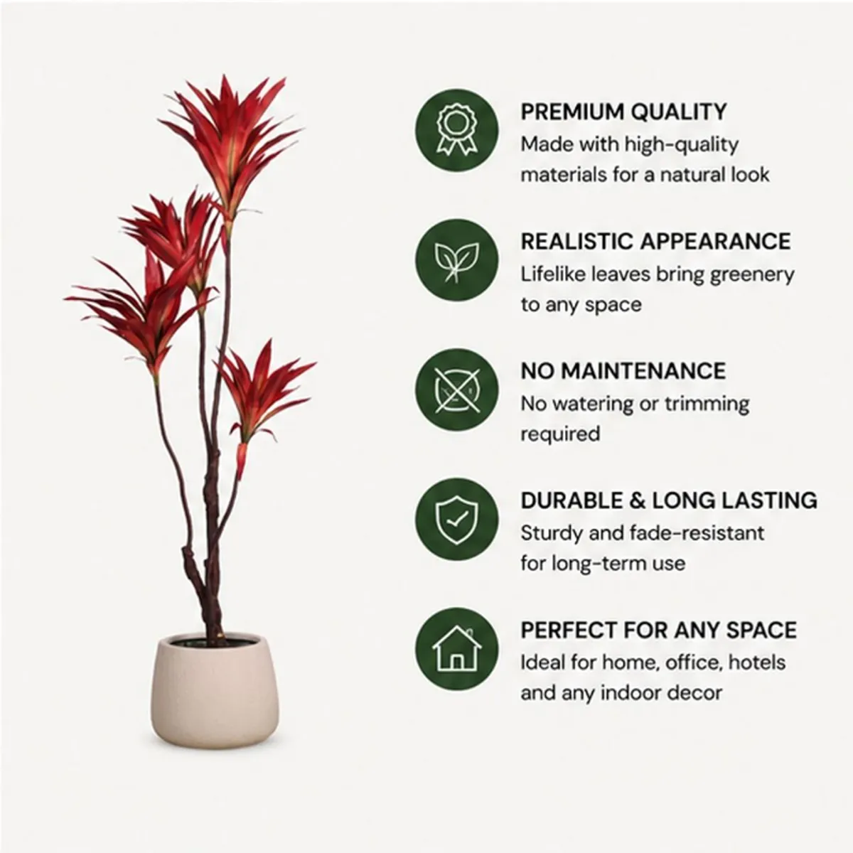 Red artificial Dracaena tree shown with feature highlights on a white background