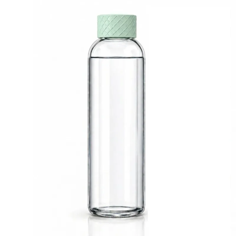 Transparent cylindrical glass water bottle with a green textured cap on a white background.