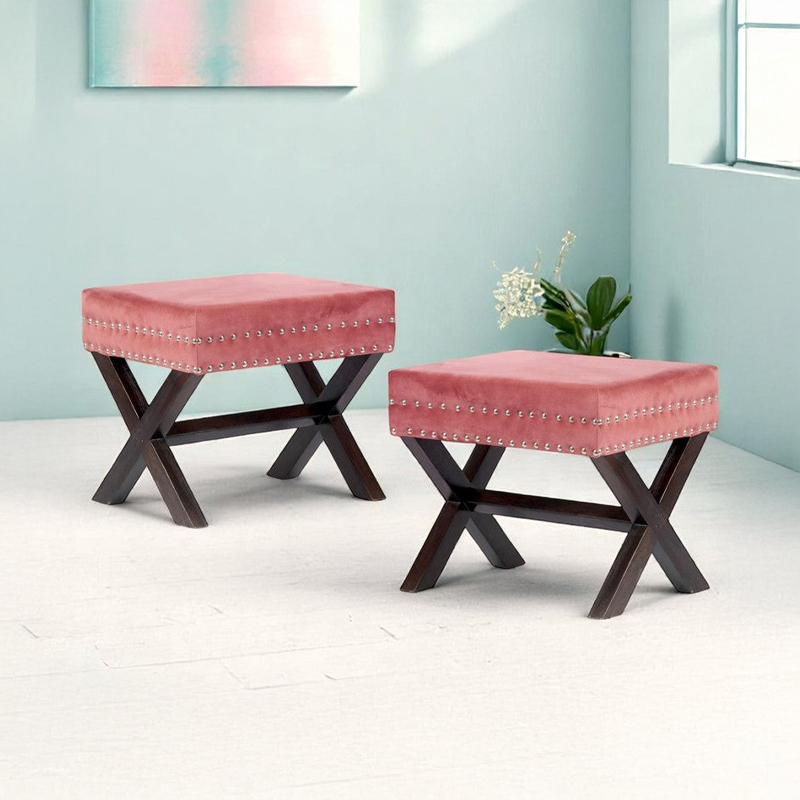 Kavex Sheesham Wooden Stools (Pink) - Set Of Two