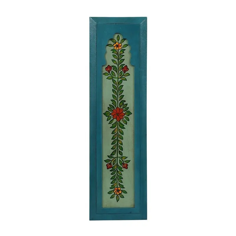 Front view of blue MDF wall accent with painted botanical design