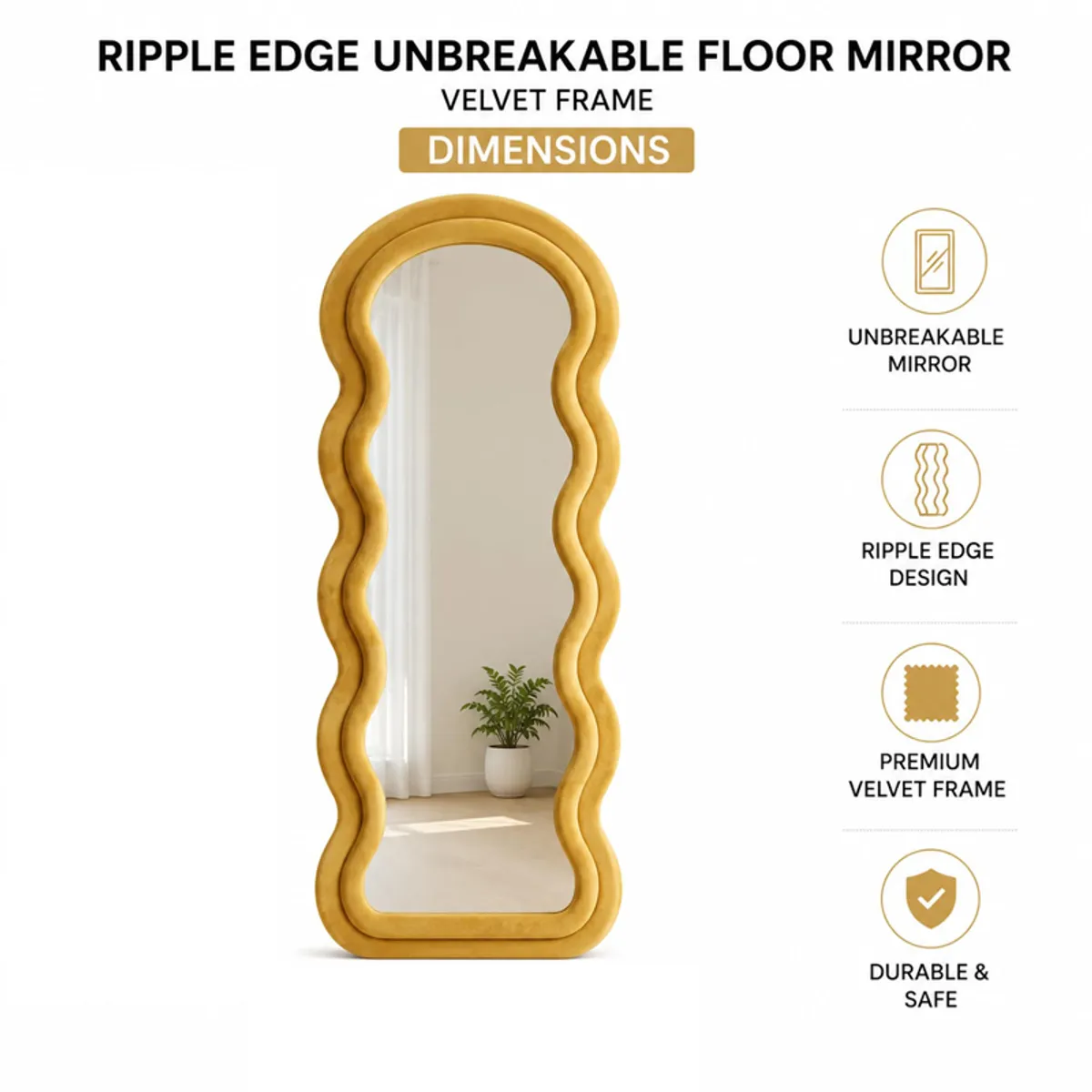 Product image showing the yellow ripple-edge mirror and feature icons