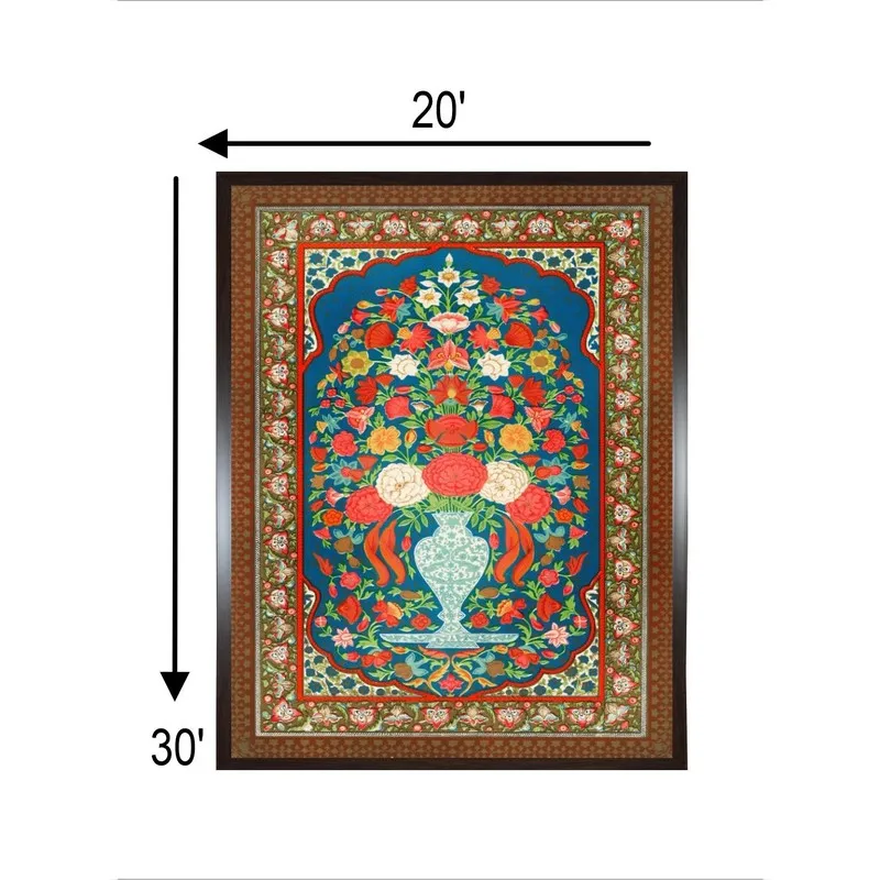 Framed Persian floral vase wall painting with dimensions shown