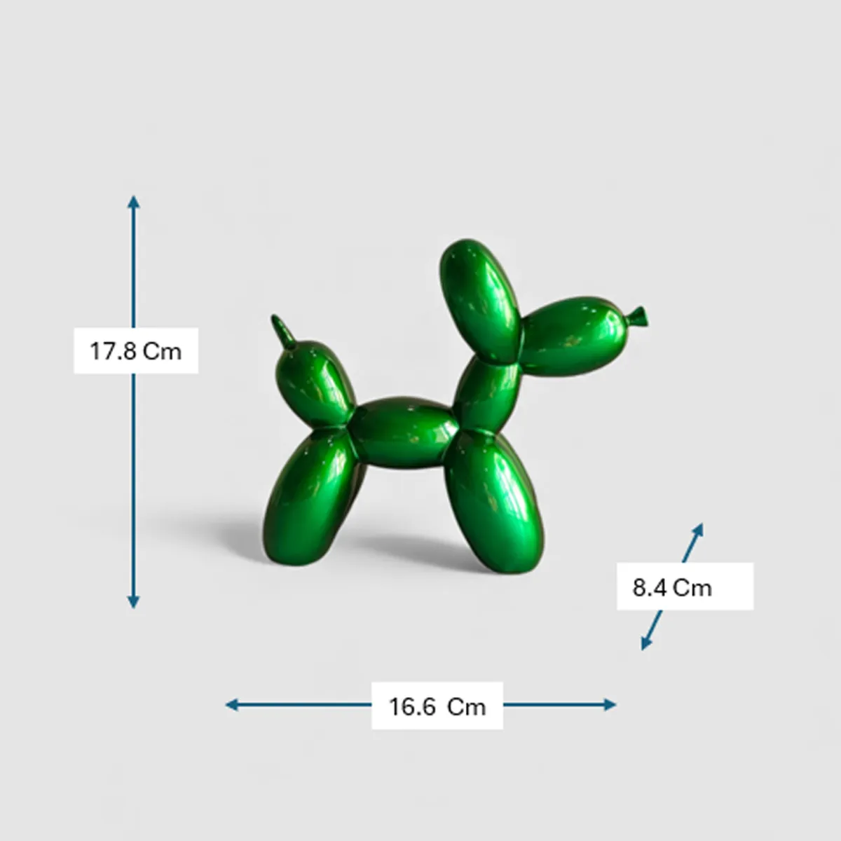 Glossy green balloon-dog showpiece shown from the front with dimension arrows.
