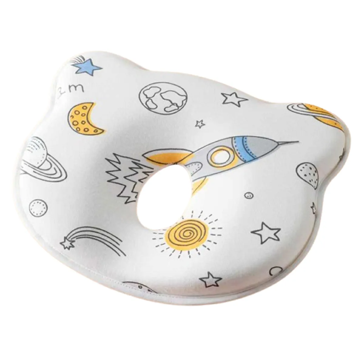 Close view of baby neck pillow with rocket and planet print